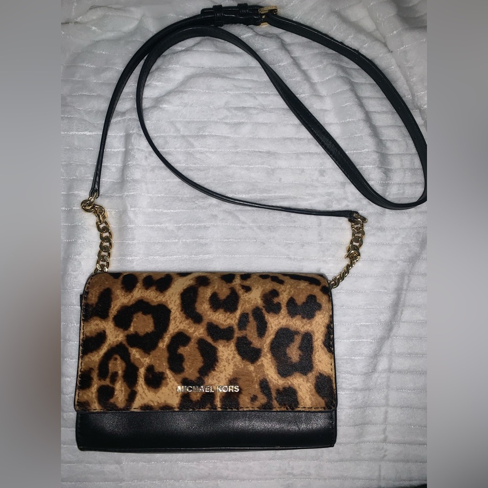 Michael Kors Leopard Print Crossbody Bag with Black Trim and Gold Hardware